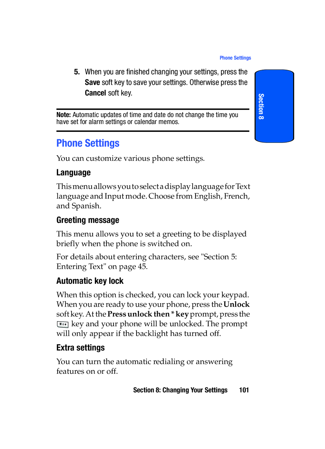 Samsung SGH-T509TSATMB manual Phone Settings, Language, Greeting message, Automatic key lock, Extra settings 