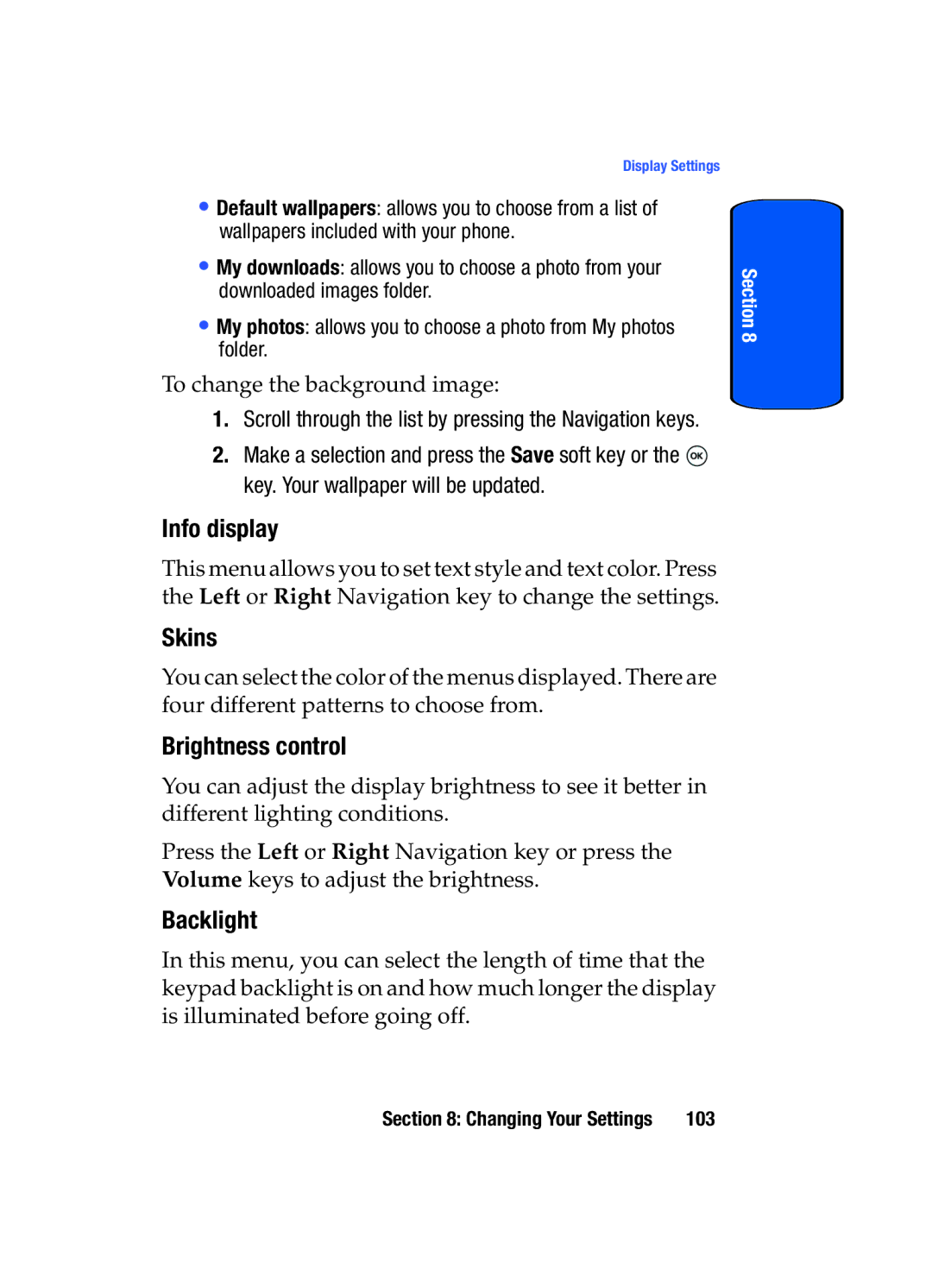 Samsung SGH-T509TSATMB manual Info display, Skins, Brightness control 