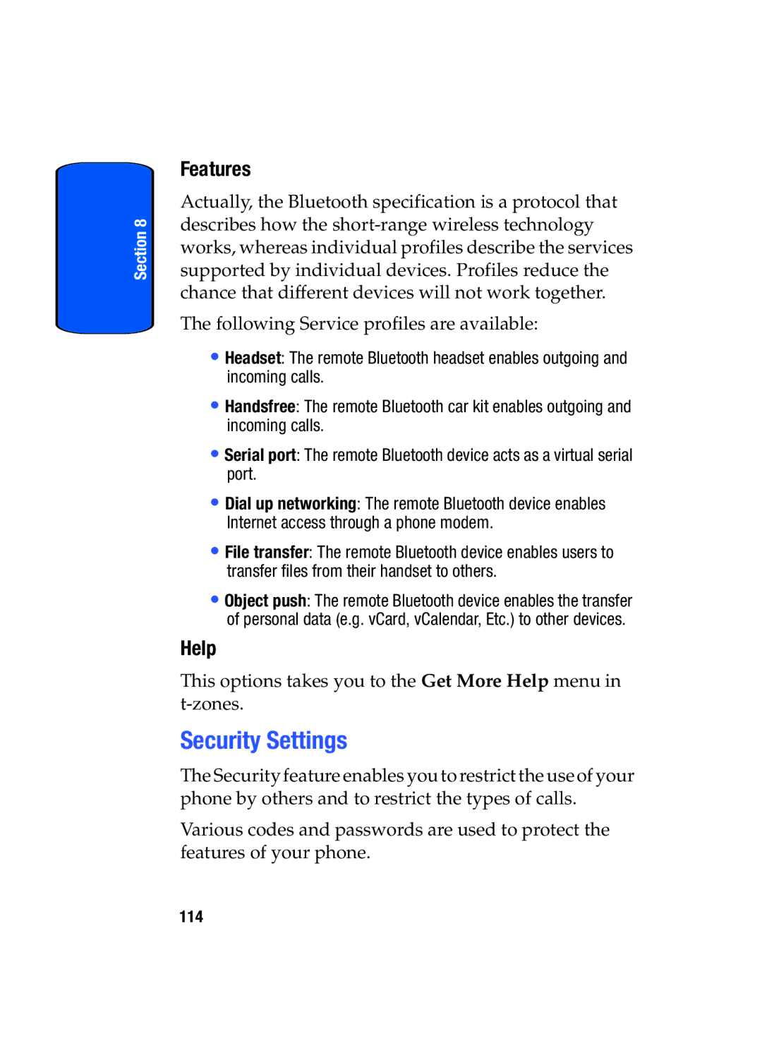 Samsung SGH-T509TSATMB manual Security Settings, Features, Help 