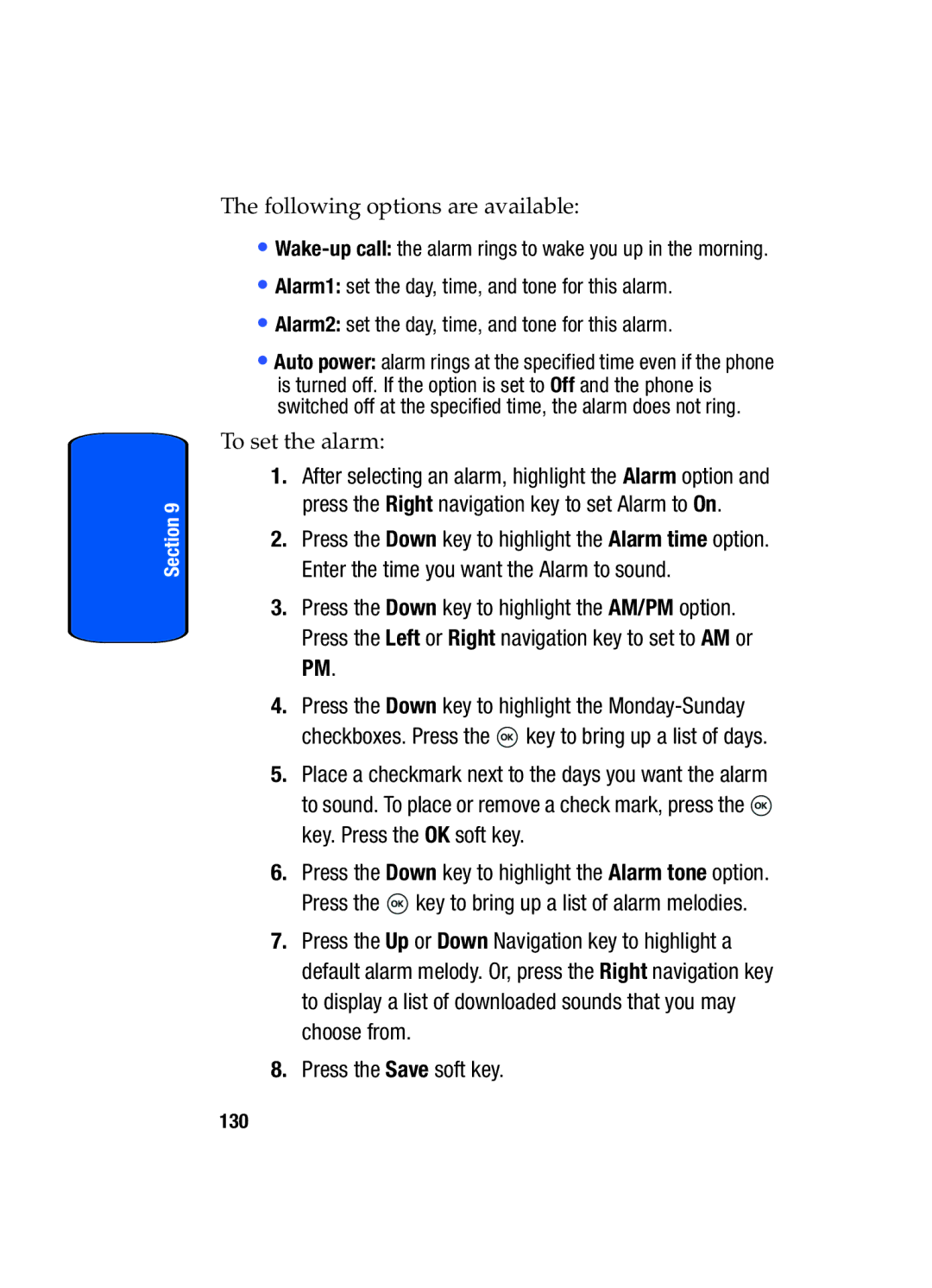 Samsung SGH-T509TSATMB manual To set the alarm, Press the Save soft key 