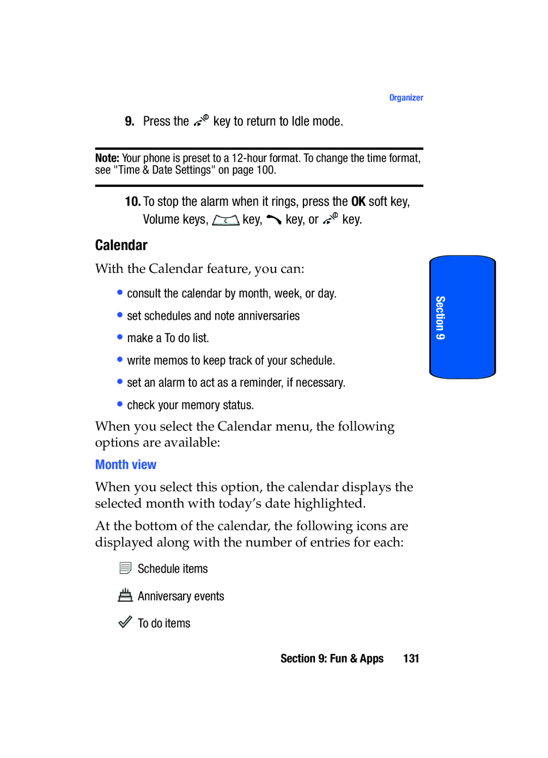 Samsung SGH-T509TSATMB manual Calendar, Volume keys, key, key, or key, Month view 