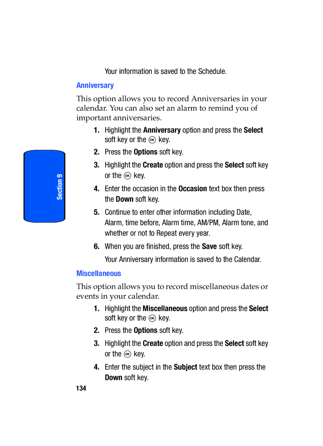 Samsung SGH-T509TSATMB manual Your information is saved to the Schedule, Anniversary, Miscellaneous 