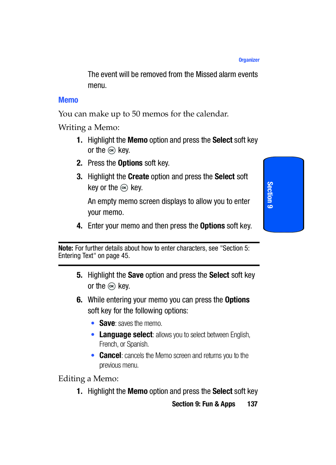 Samsung SGH-T509TSATMB manual Event will be removed from the Missed alarm events menu, Memo 