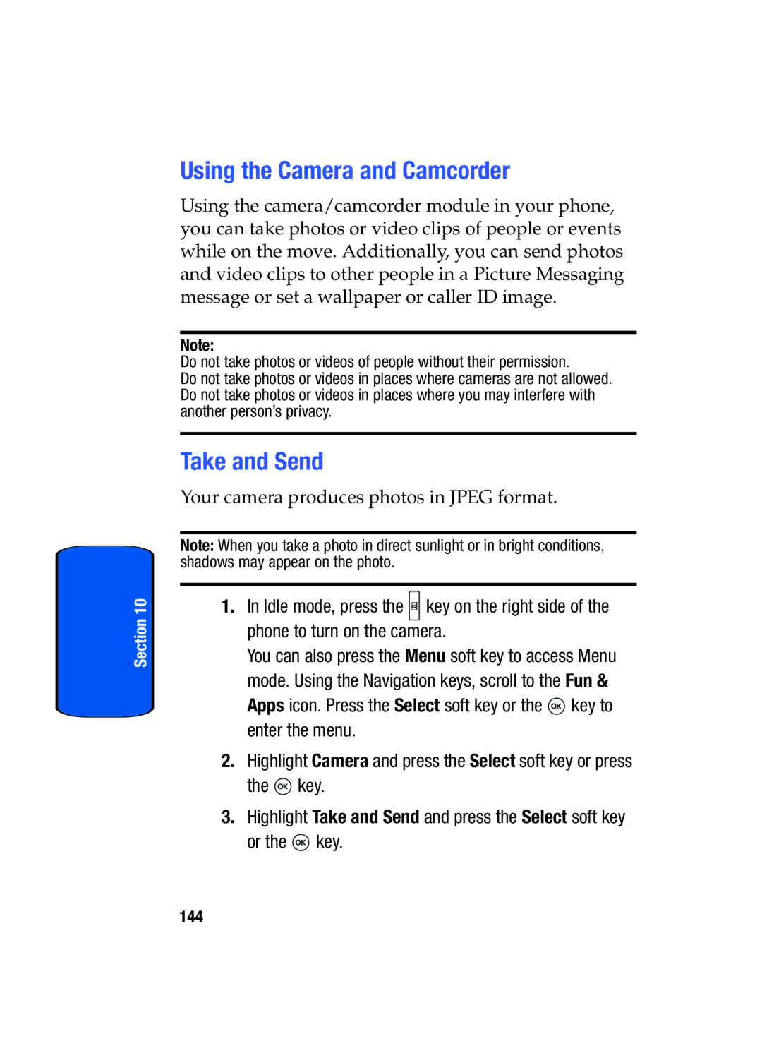 Samsung SGH-T509TSATMB manual Using the Camera and Camcorder, Take and Send 