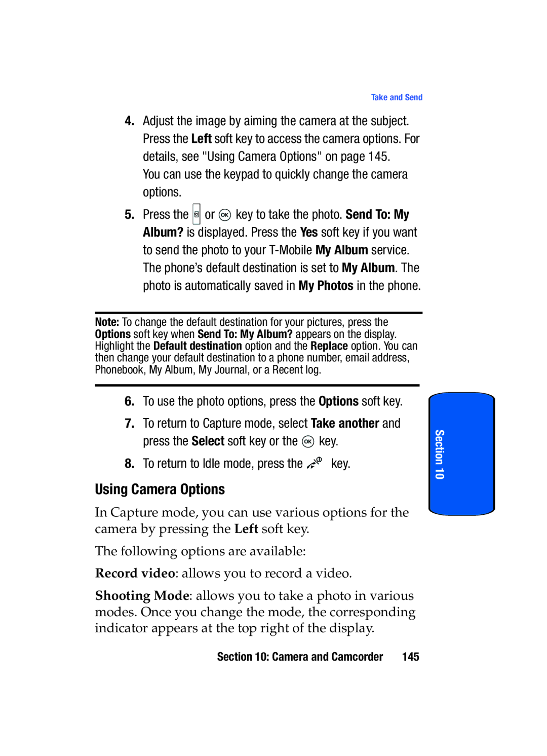 Samsung SGH-T509TSATMB manual Using Camera Options, You can use the keypad to quickly change the camera options 