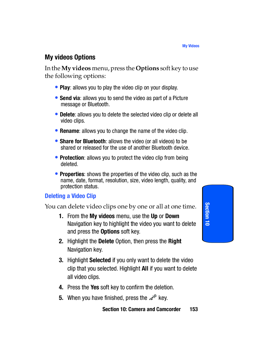 Samsung SGH-T509TSATMB manual My videos Options, Deleting a Video Clip 