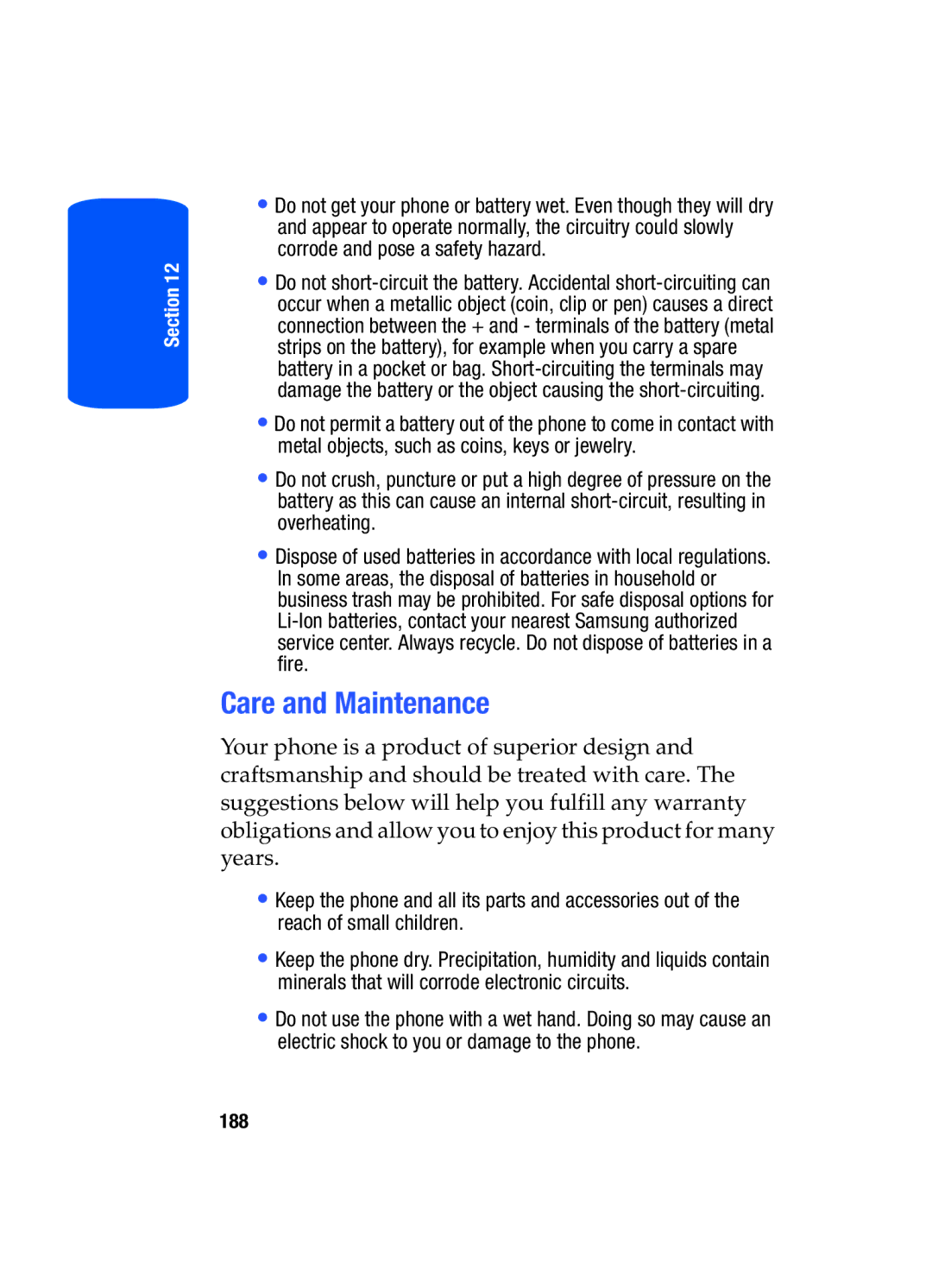 Samsung SGH-T509TSATMB manual Care and Maintenance, 188 