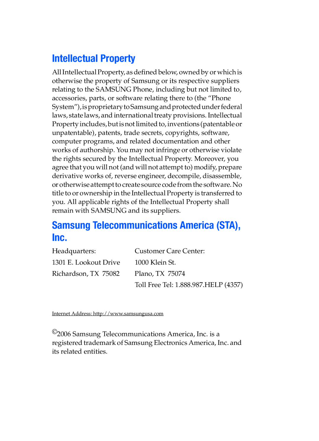 Samsung SGH-T509TSATMB manual Intellectual Property, Samsung Telecommunications America STA, Inc 