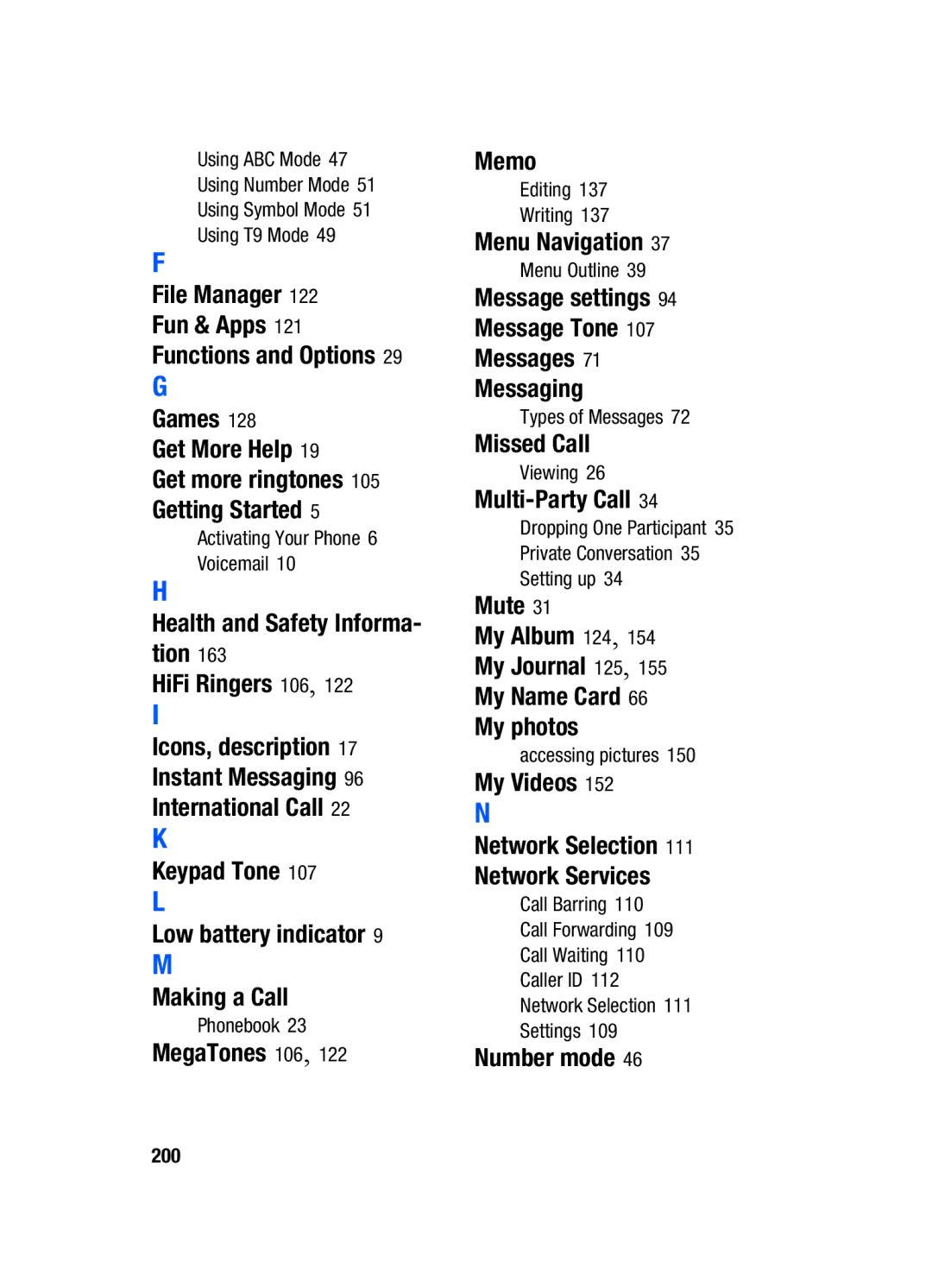 Samsung SGH-T509TSATMB Health and Safety Informa- tion HiFi Ringers 106, Keypad Tone Low battery indicator Making a Call 