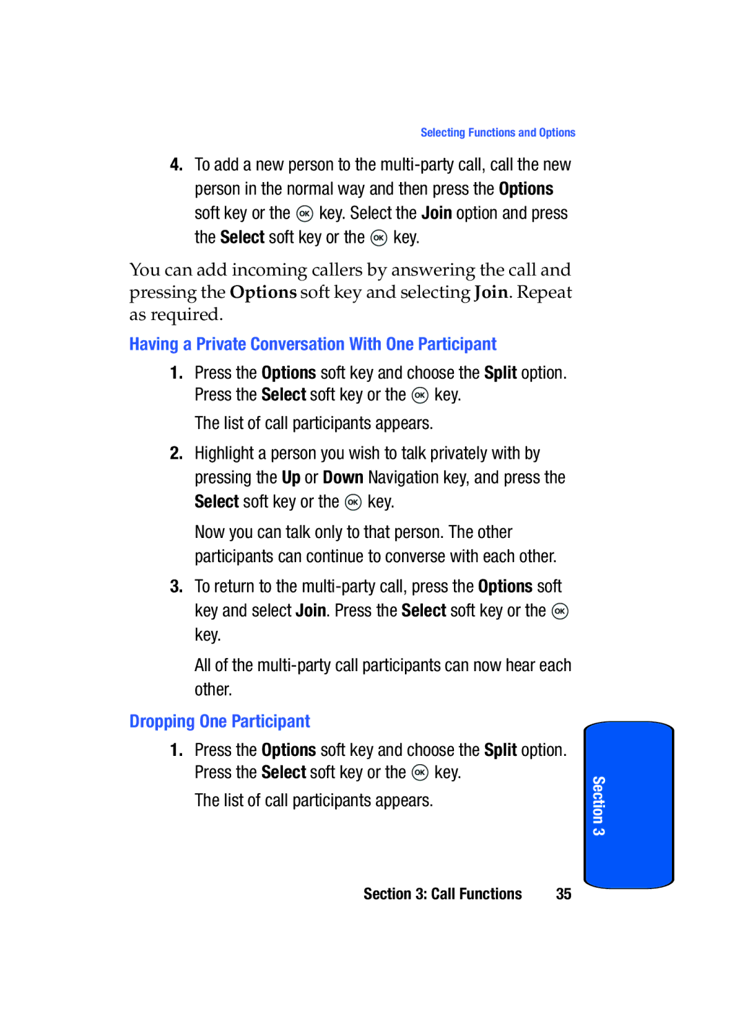 Samsung SGH-T509TSATMB manual Having a Private Conversation With One Participant, List of call participants appears 