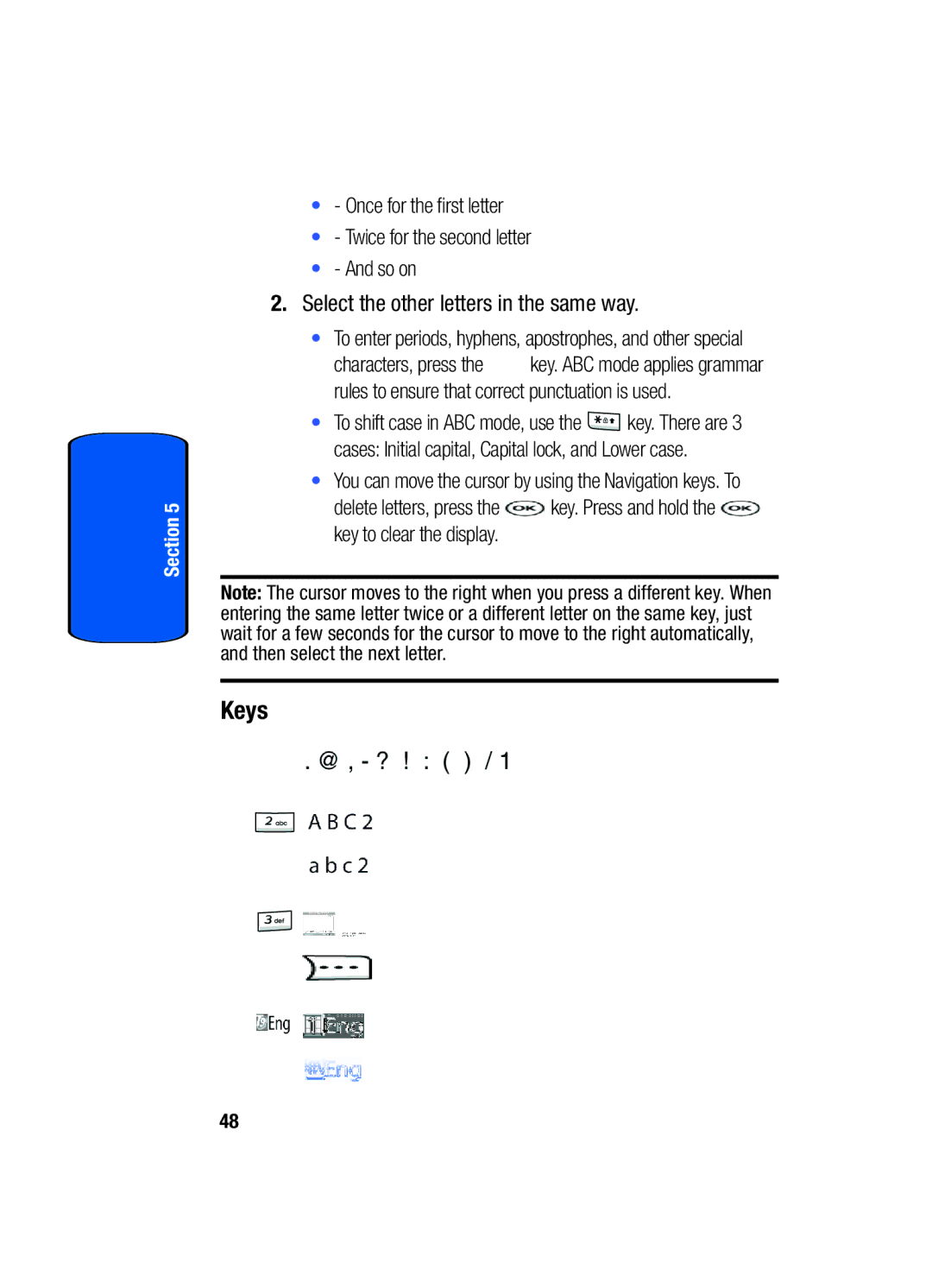 Samsung SGH-T509TSATMB manual Keys, Select the other letters in the same way 