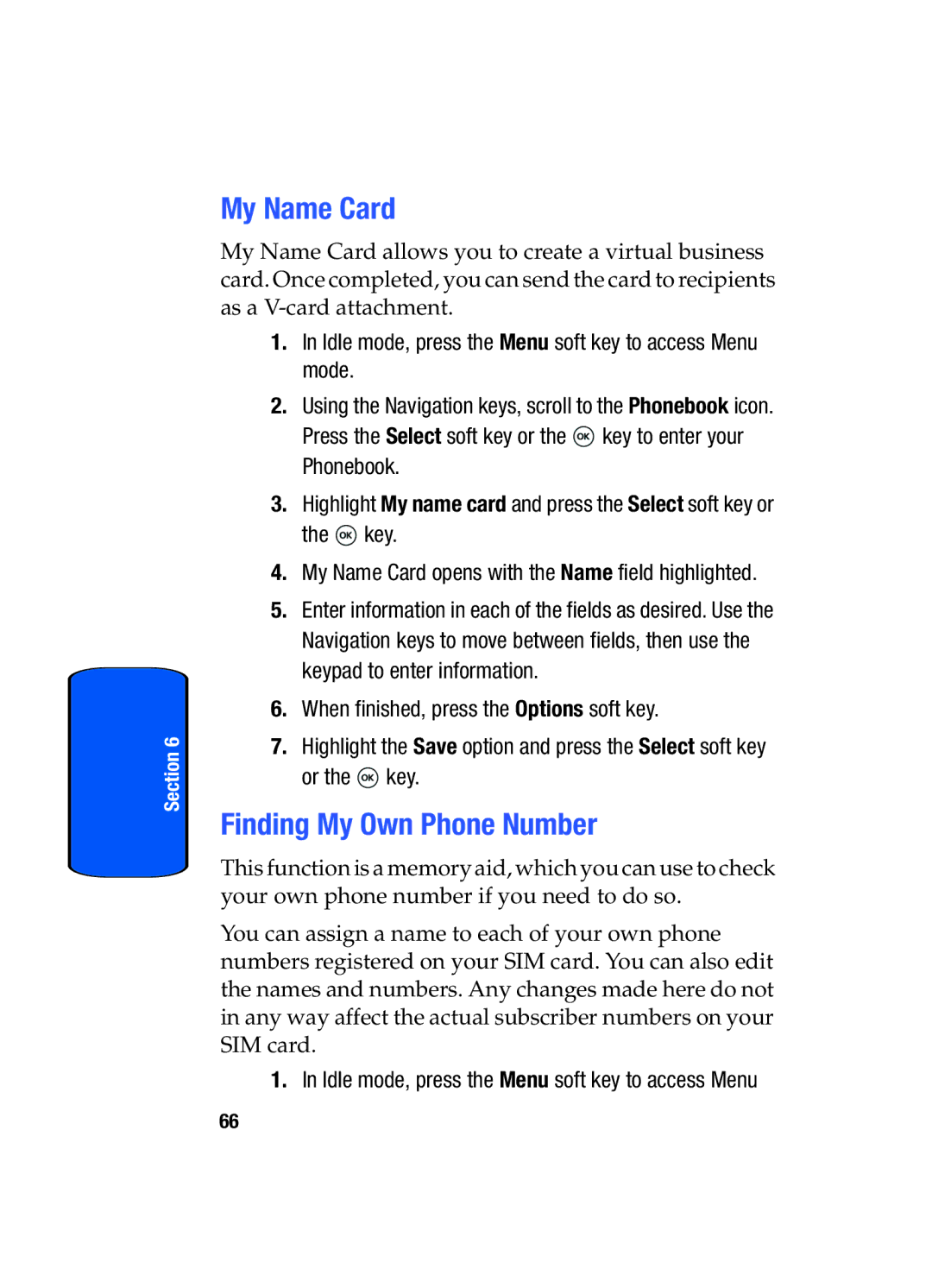 Samsung SGH-T509TSATMB manual My Name Card, Finding My Own Phone Number, Idle mode, press the Menu soft key to access Menu 