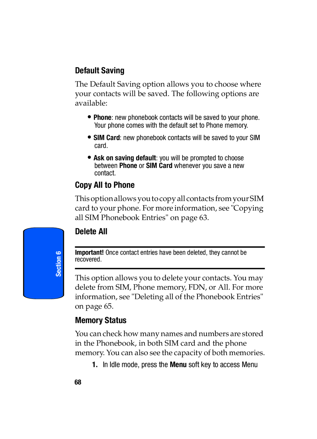 Samsung SGH-T509TSATMB manual Default Saving, Copy All to Phone, Memory Status 