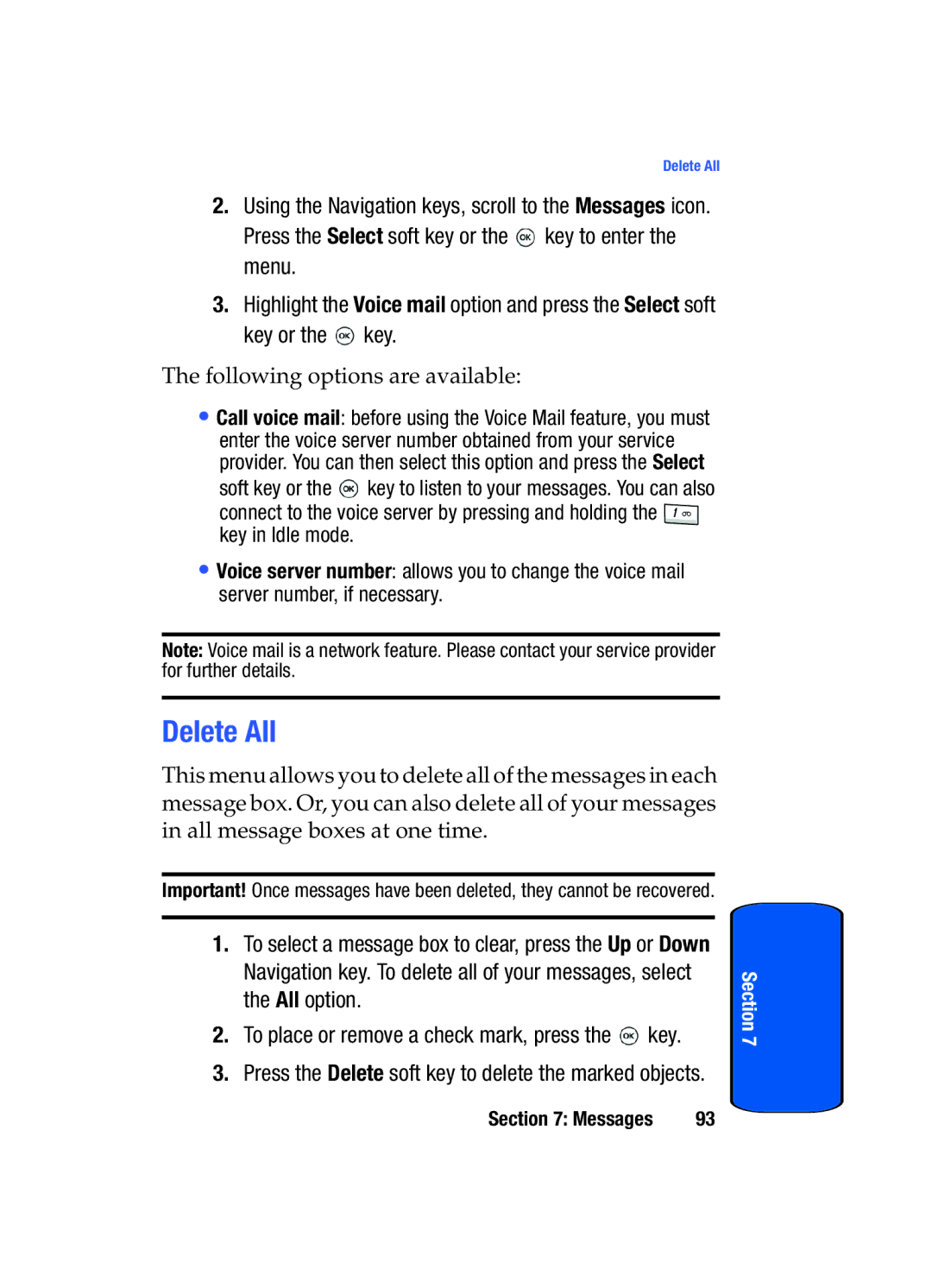 Samsung SGH-T509TSATMB manual Delete All, Following options are available 