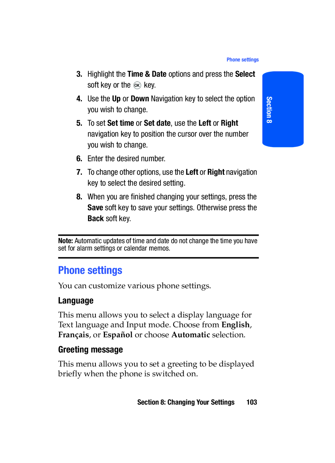 Samsung SGH-T519 manual Phone settings, Language, Greeting message 