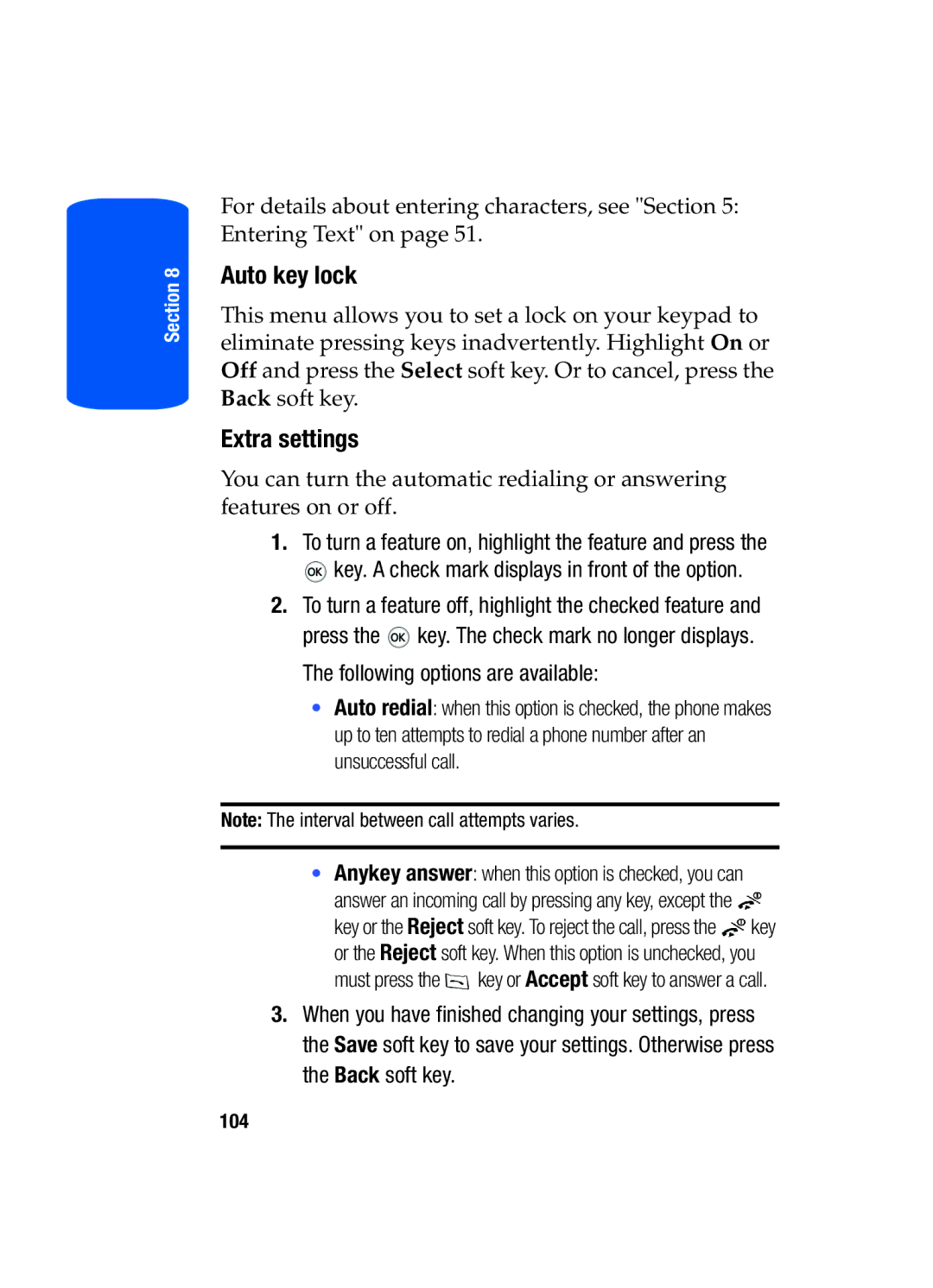 Samsung SGH-T519 manual Auto key lock, Extra settings 