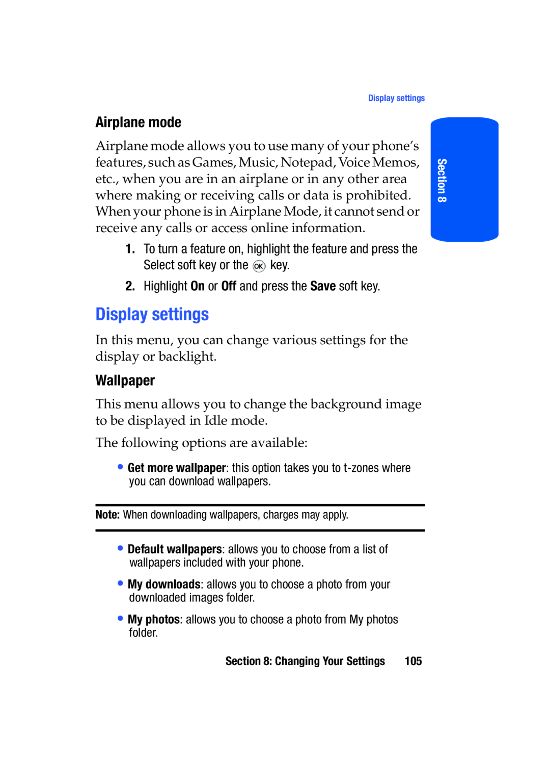 Samsung SGH-T519 manual Display settings, Airplane mode, Wallpaper 