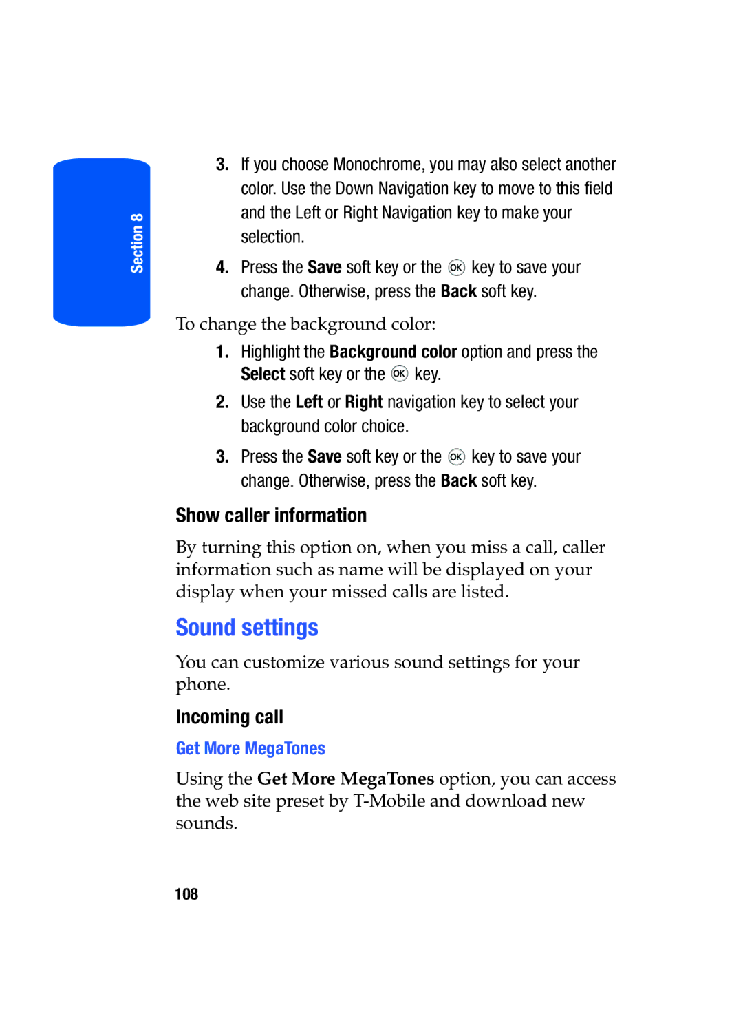 Samsung SGH-T519 manual Sound settings, Show caller information, Incoming call, Get More MegaTones 