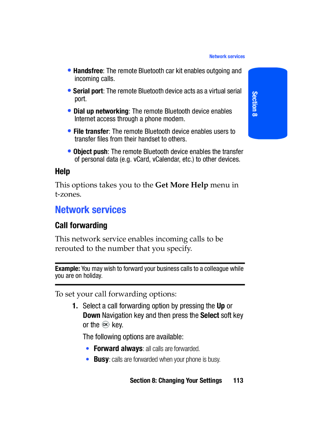 Samsung SGH-T519 manual Network services, Help, Call forwarding 