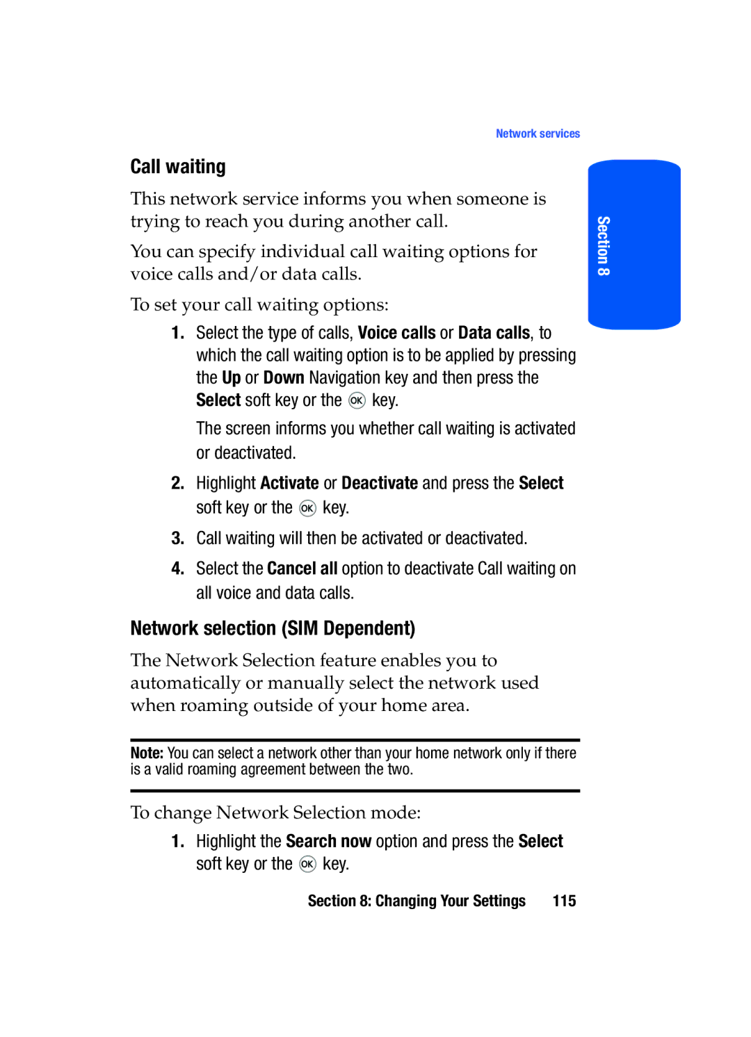 Samsung SGH-T519 manual Call waiting, Network selection SIM Dependent 