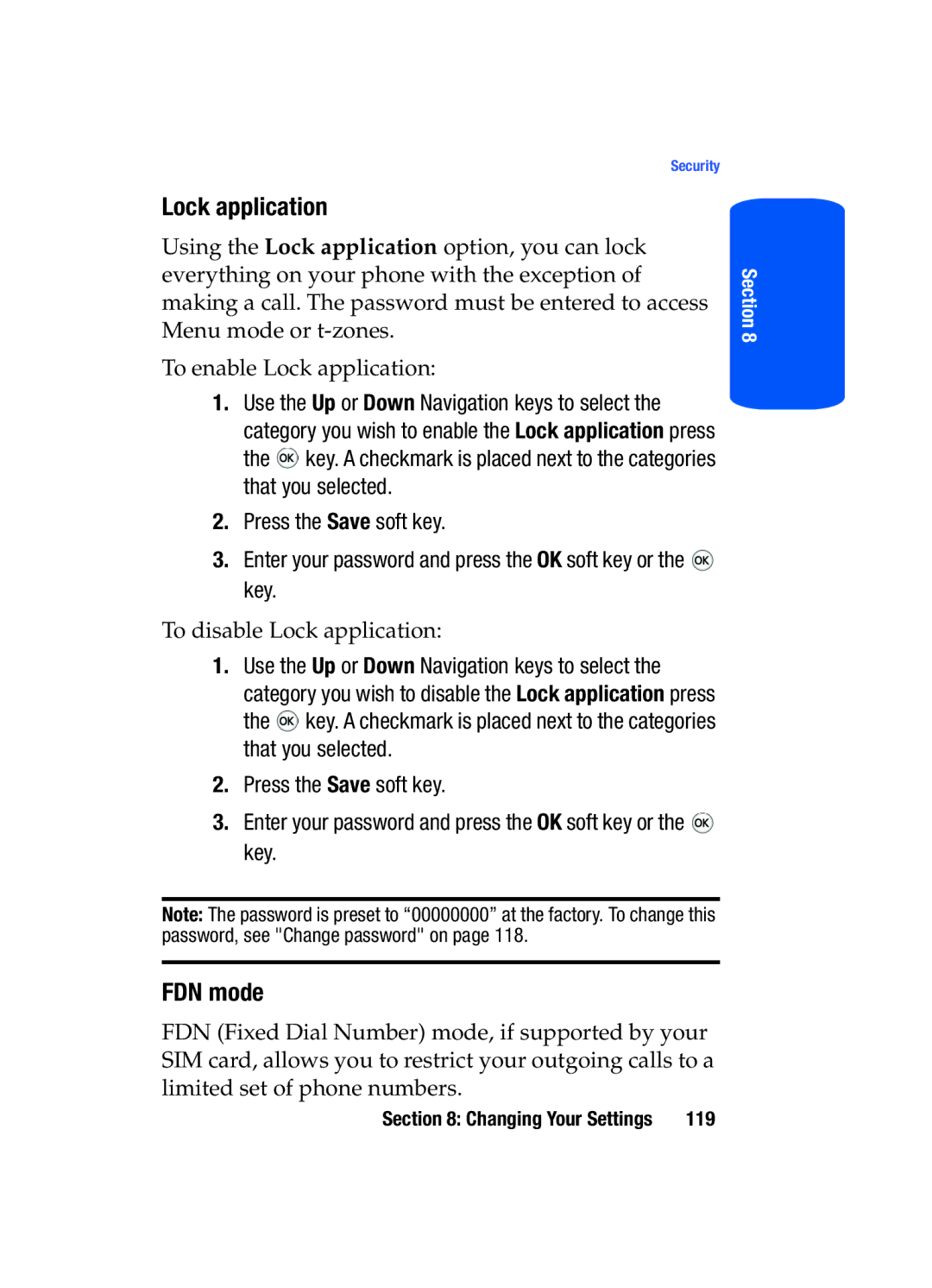 Samsung SGH-T519 manual Lock application, FDN mode 