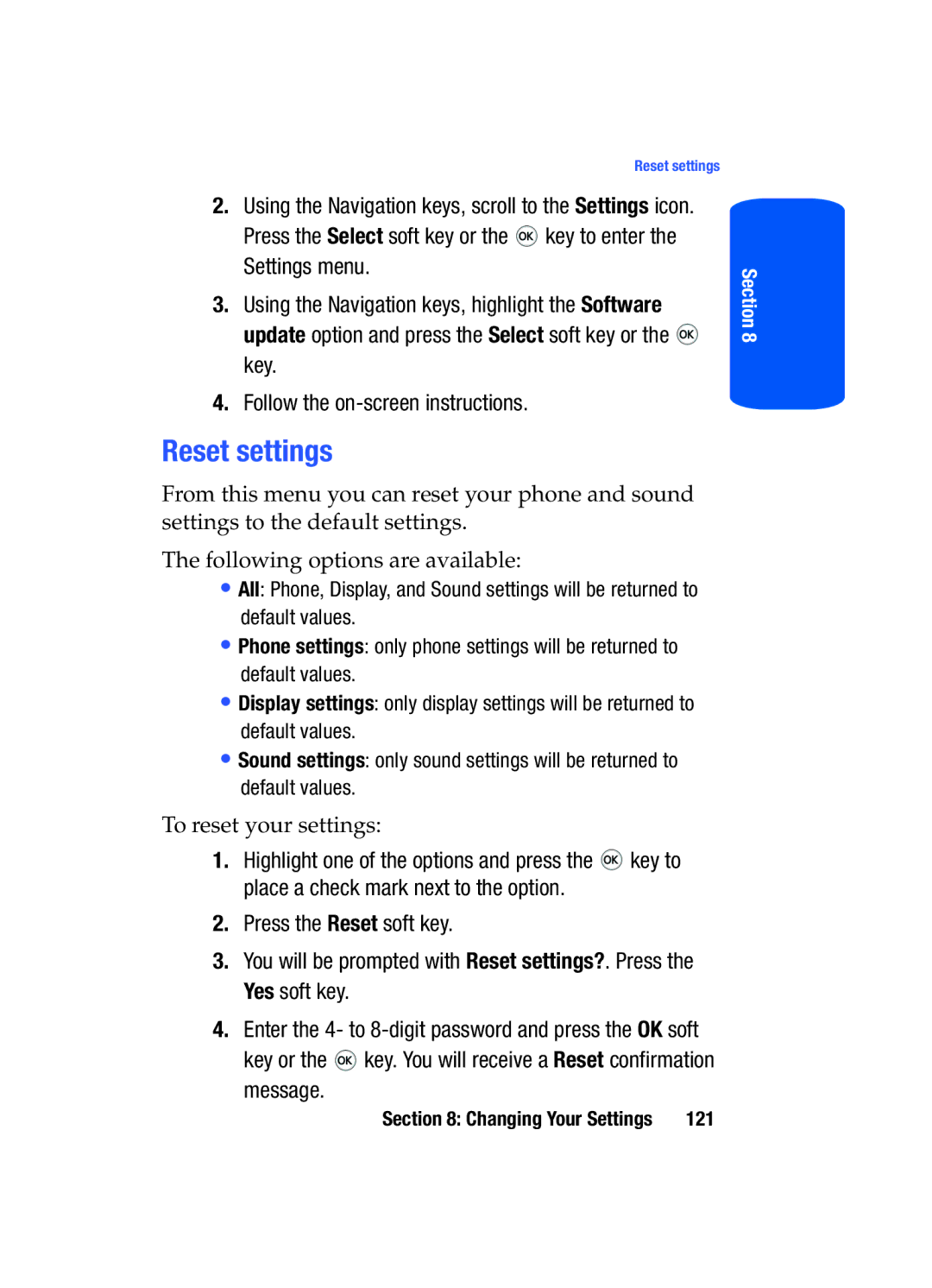 Samsung SGH-T519 manual Reset settings 