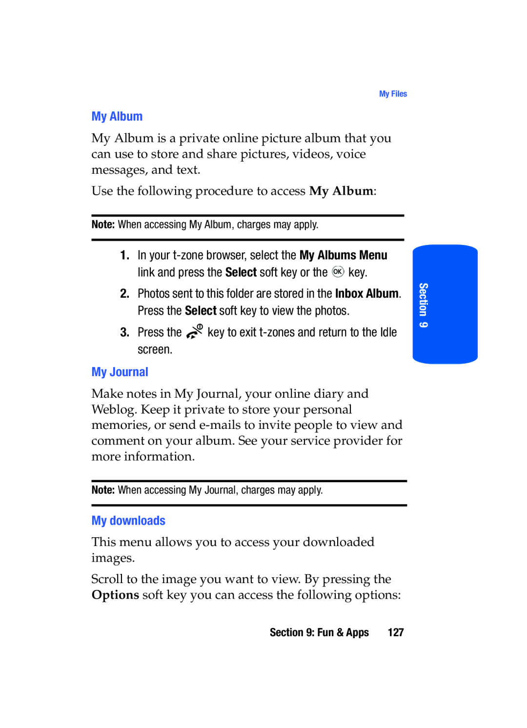 Samsung SGH-T519 manual My Album, Press the key to exit t-zones and return to the Idle screen, My Journal, My downloads 