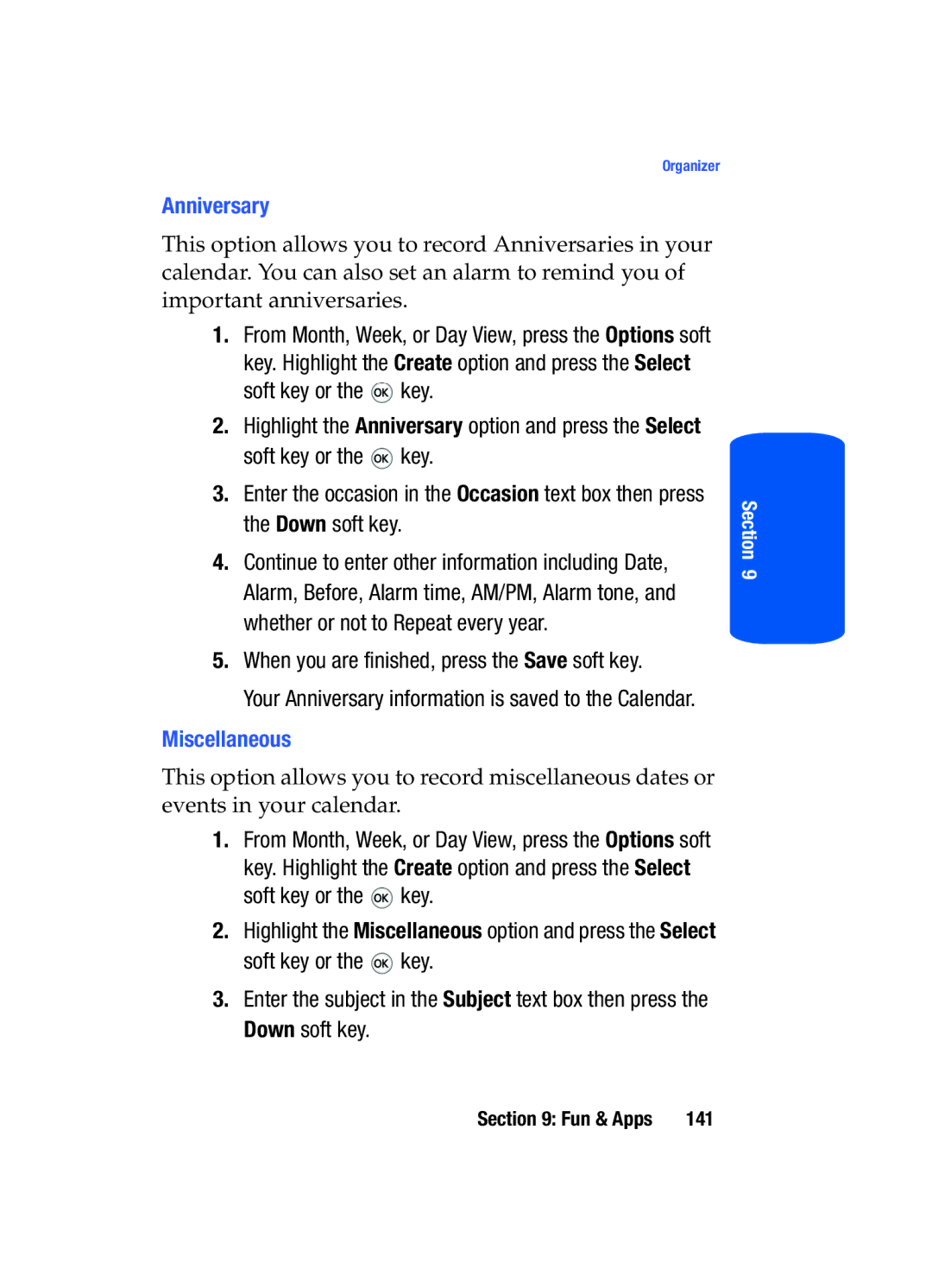 Samsung SGH-T519 manual Anniversary, When you are finished, press the Save soft key, Miscellaneous 