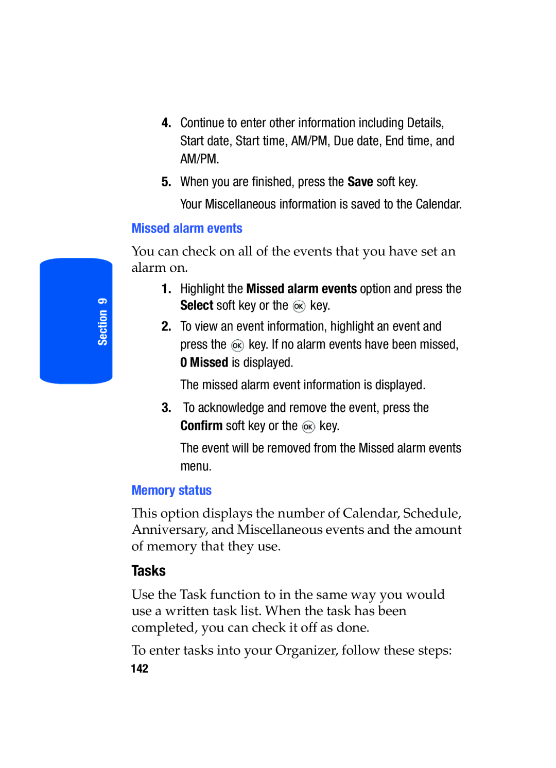 Samsung SGH-T519 manual Tasks, Missed alarm events, Memory status 