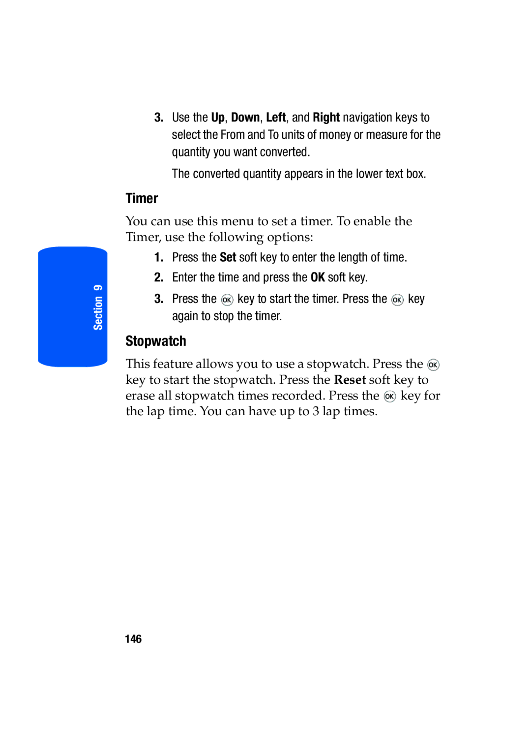 Samsung SGH-T519 manual Timer, Stopwatch, Converted quantity appears in the lower text box 