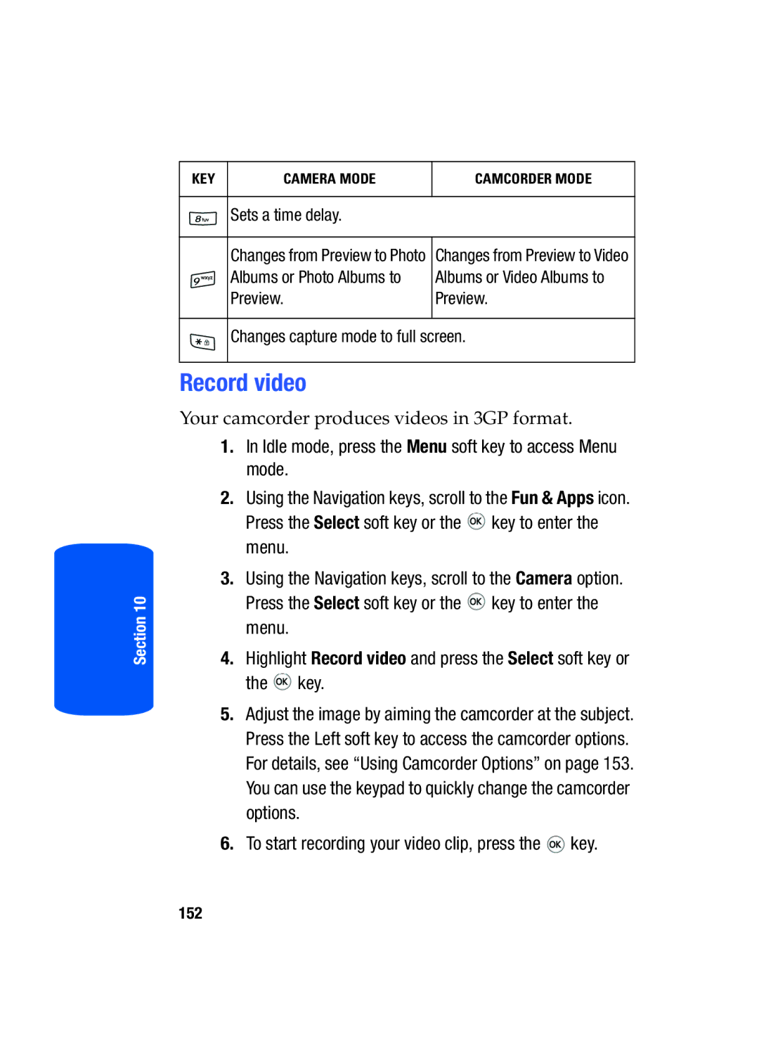 Samsung SGH-T519 manual Record video, To start recording your video clip, press the key 