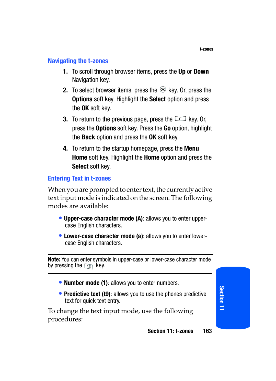 Samsung SGH-T519 manual Navigating the t-zones, Entering Text in t-zones 