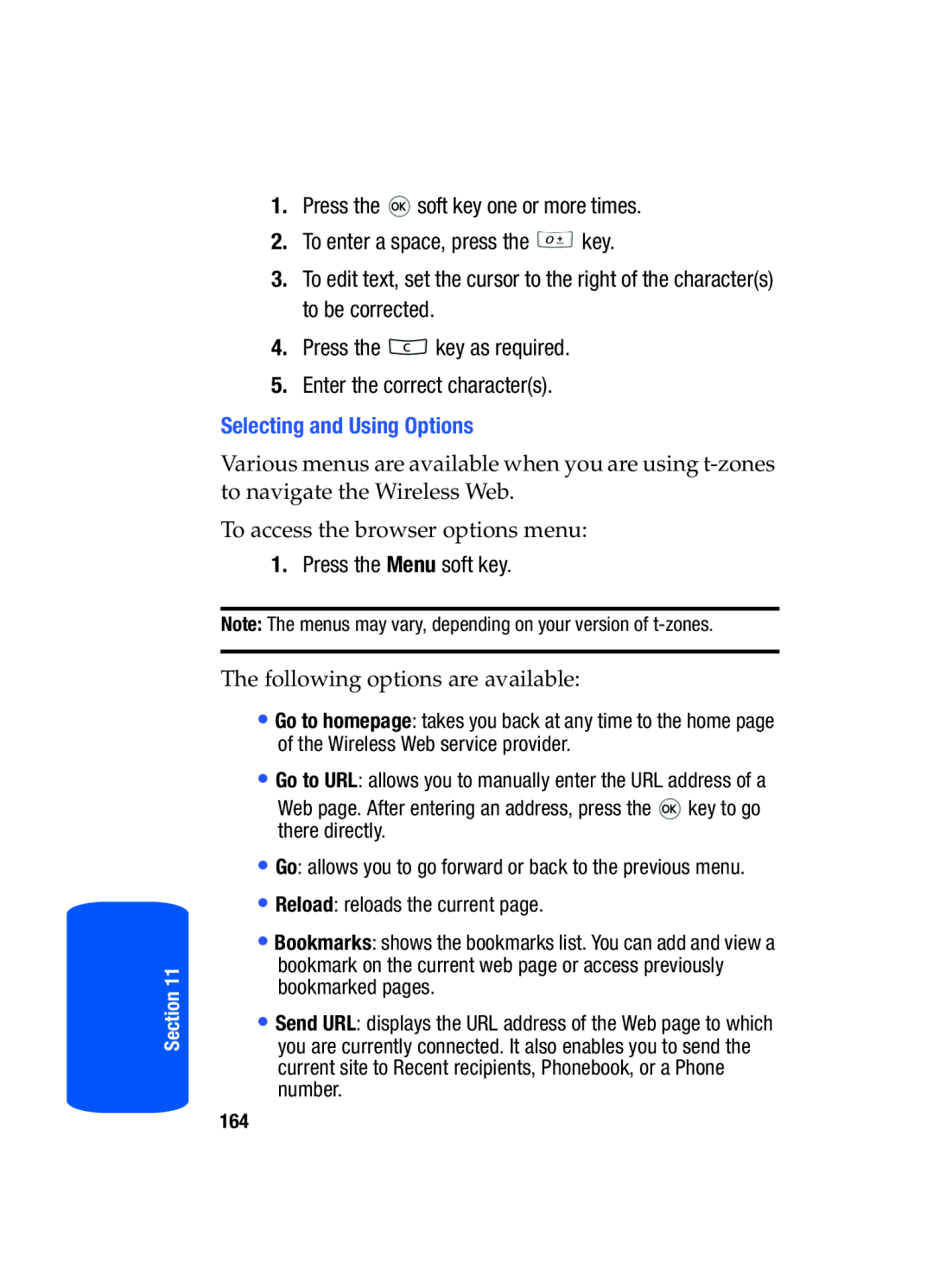 Samsung SGH-T519 manual Selecting and Using Options, Press the Menu soft key 