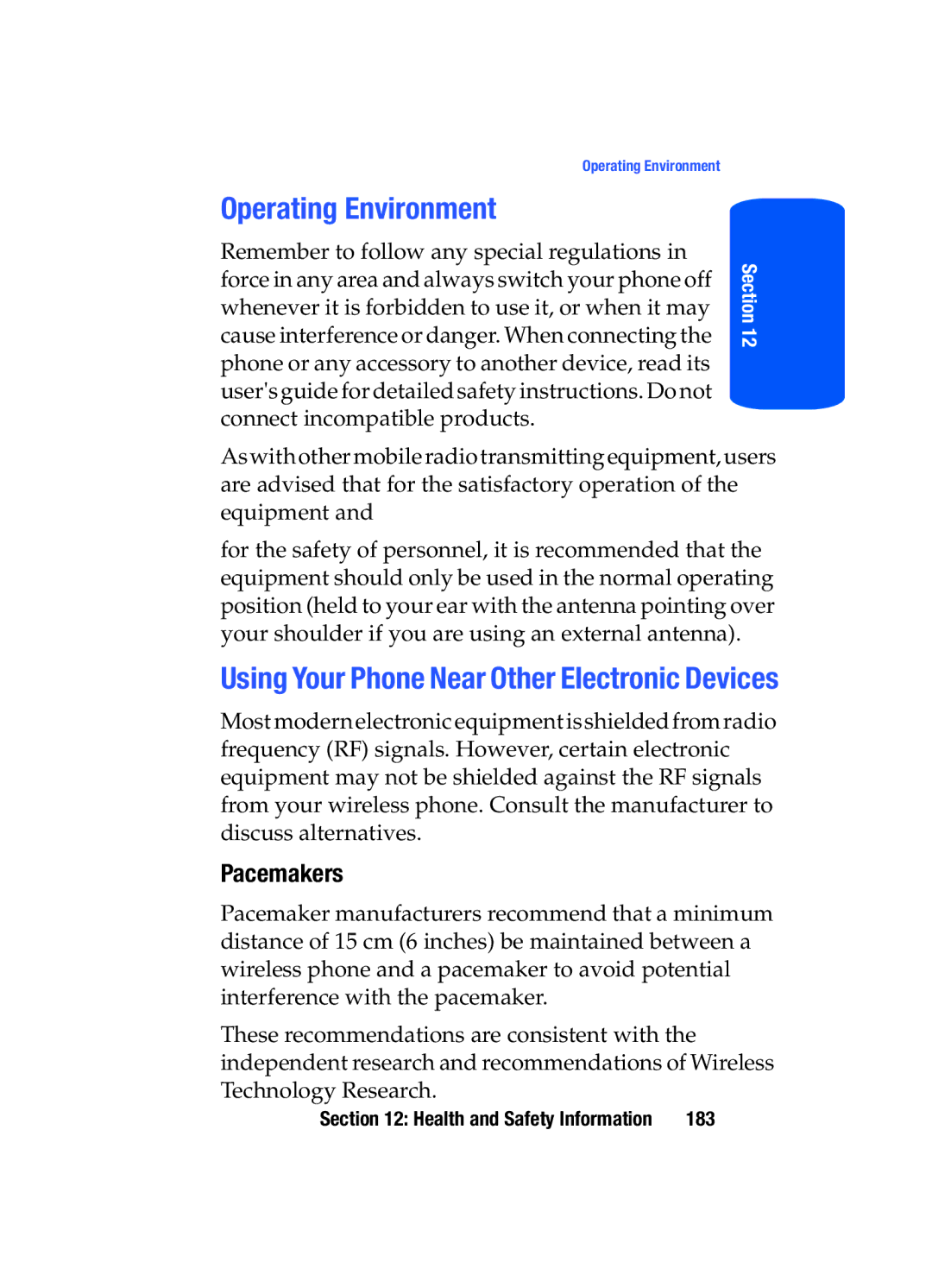 Samsung SGH-T519 manual Operating Environment, Using Your Phone Near Other Electronic Devices, Pacemakers 