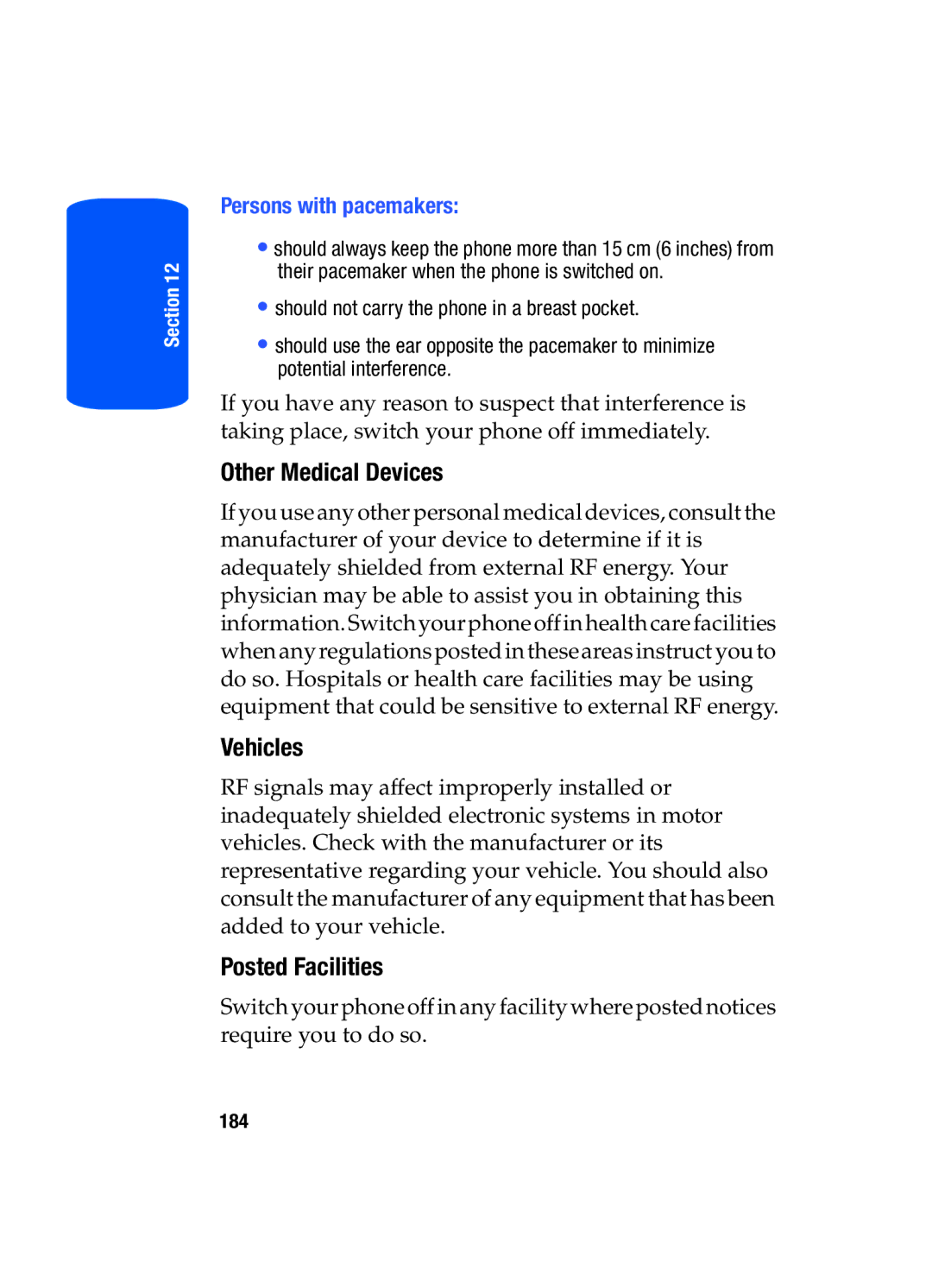 Samsung SGH-T519 manual Other Medical Devices, Vehicles, Posted Facilities, Persons with pacemakers 