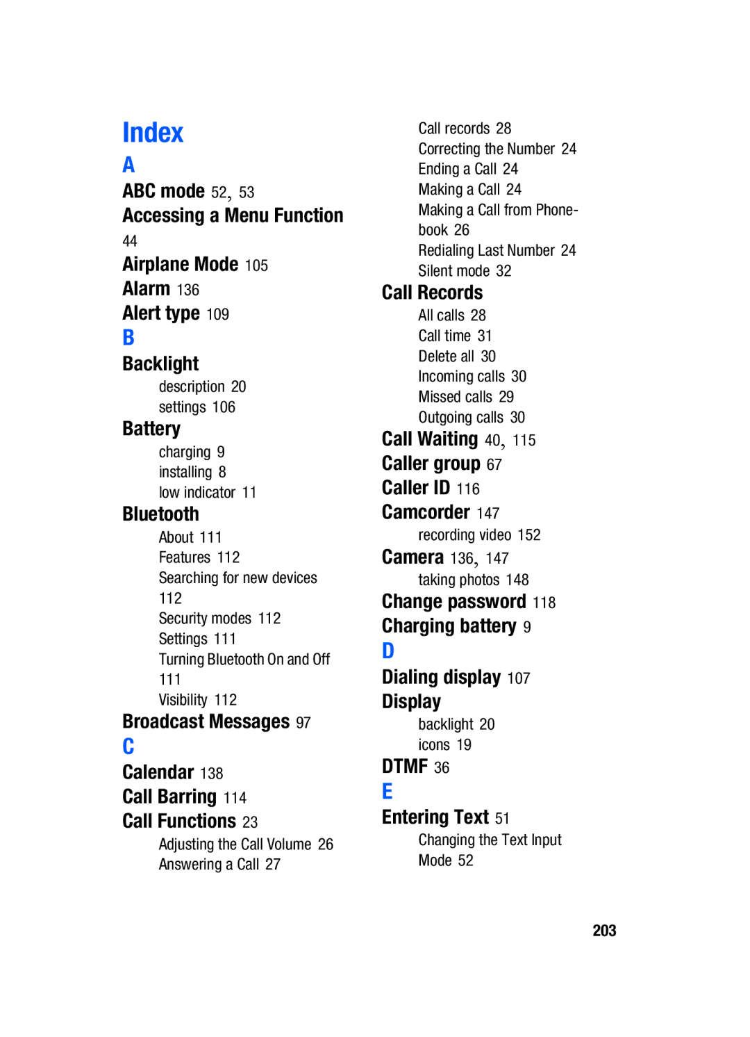 Samsung SGH-T519 ABC mode 52, Airplane Mode Alarm Alert type Backlight, Battery, Bluetooth, Camera 136, Entering Text 