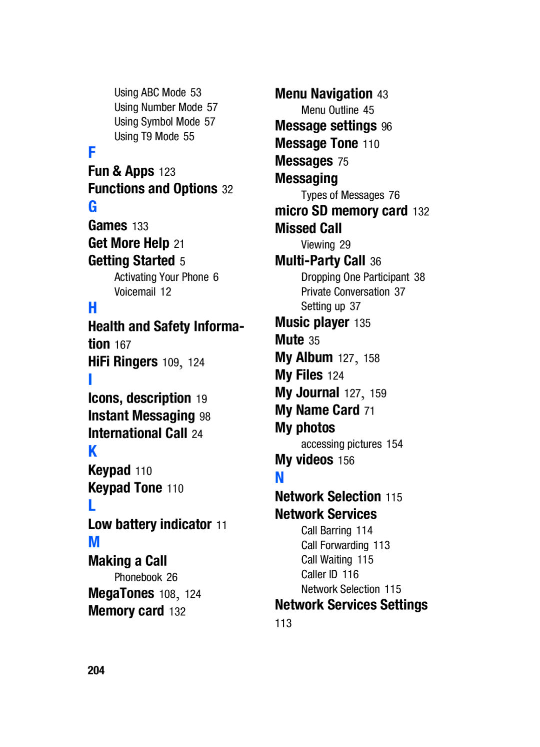 Samsung SGH-T519 Games Get More Help Getting Started, Health and Safety Informa- tion HiFi Ringers 109, Menu Navigation 