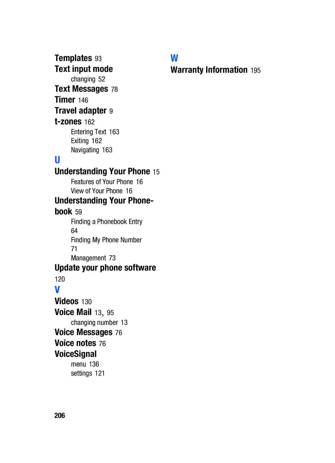 Samsung SGH-T519 Templates Text input mode, Understanding Your Phone- book, Videos Voice Mail 13, Warranty Information 