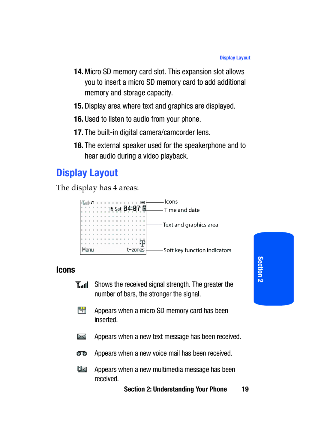 Samsung SGH-T519 manual Display Layout, Icons 