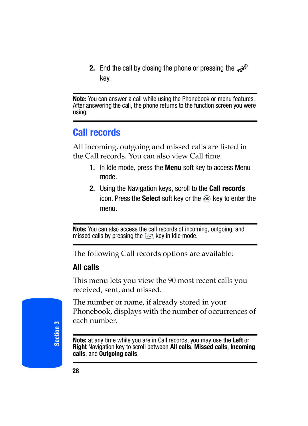 Samsung SGH-T519 manual Call records, All calls, End the call by closing the phone or pressing the key 