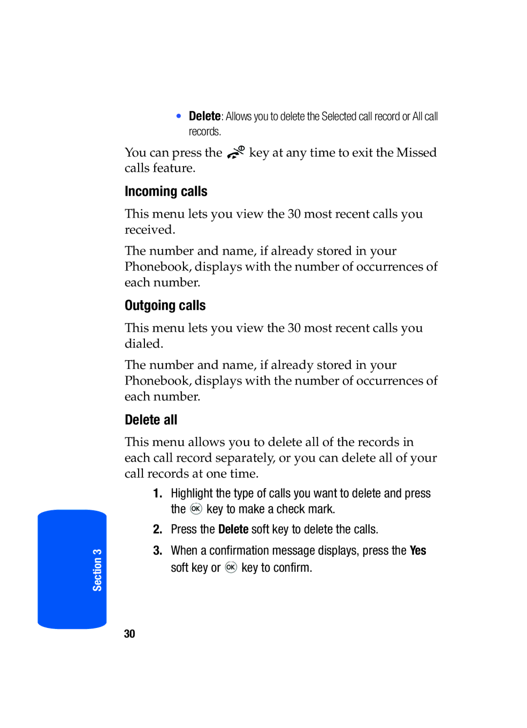 Samsung SGH-T519 manual Incoming calls, Outgoing calls, Delete all 