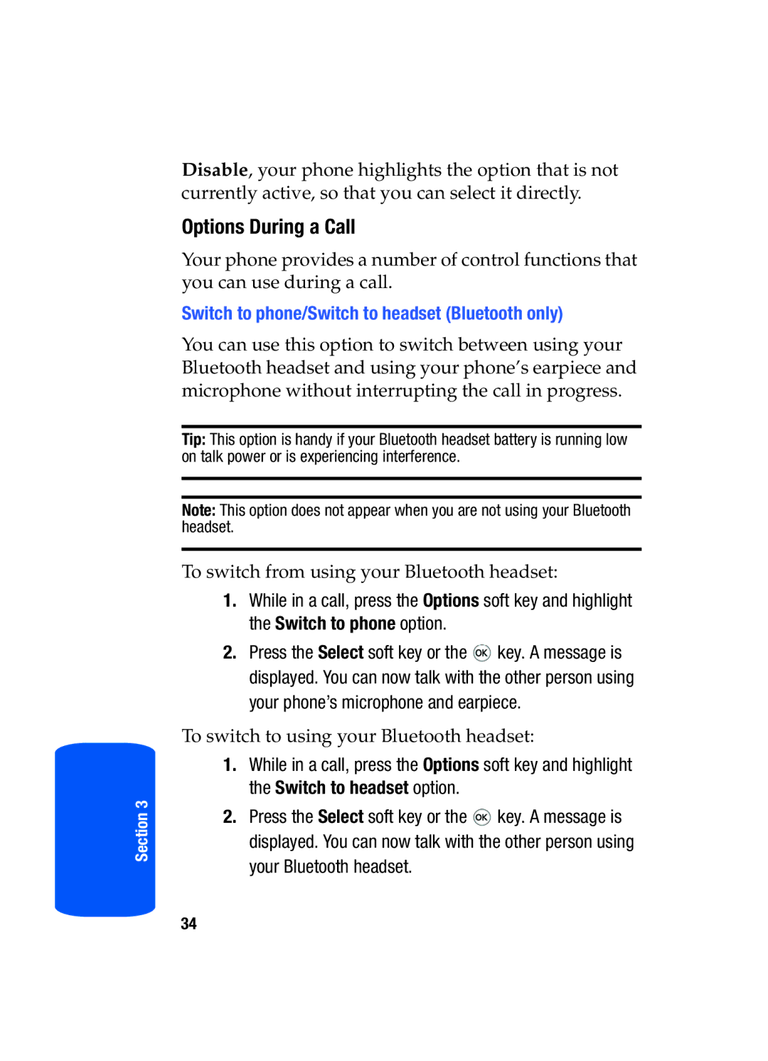 Samsung SGH-T519 manual Options During a Call, Switch to phone/Switch to headset Bluetooth only 