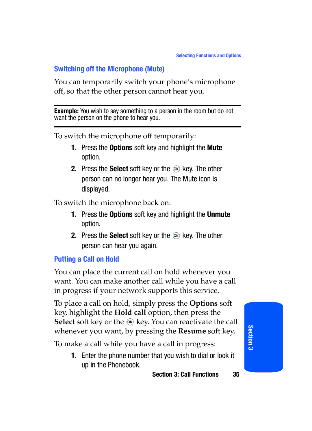 Samsung SGH-T519 manual Switching off the Microphone Mute, Putting a Call on Hold 