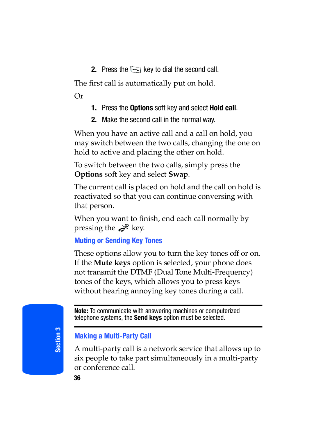 Samsung SGH-T519 manual Press the key to dial the second call, Muting or Sending Key Tones, Making a Multi-Party Call 