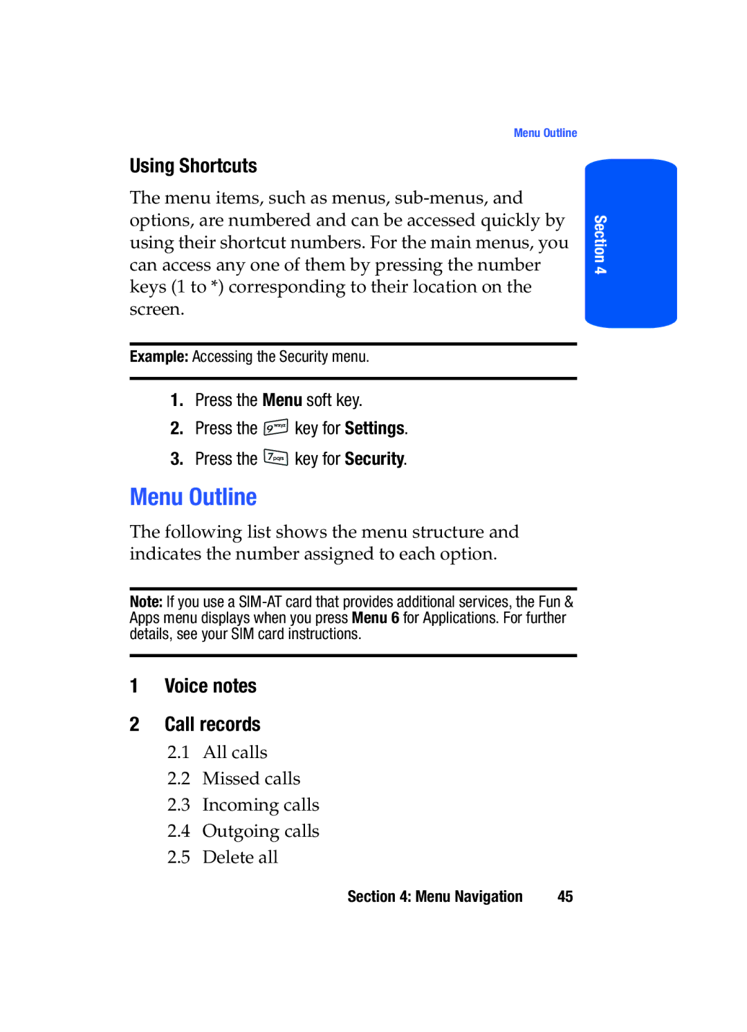 Samsung SGH-T519 manual Menu Outline, Using Shortcuts, Voice notes Call records 