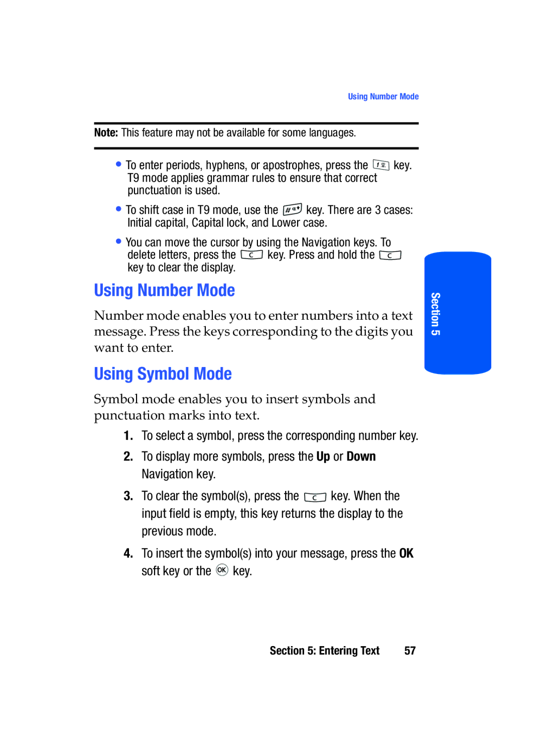 Samsung SGH-T519 manual Using Number Mode, Using Symbol Mode 