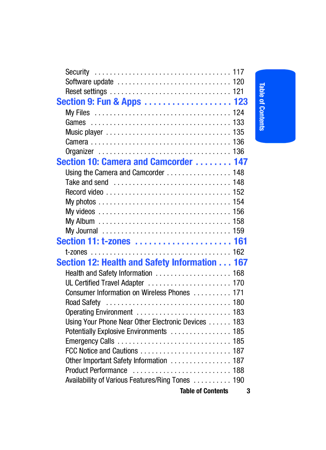 Samsung SGH-T519 manual Fun & Apps, Camera and Camcorder, Zones, Health and Safety Information 