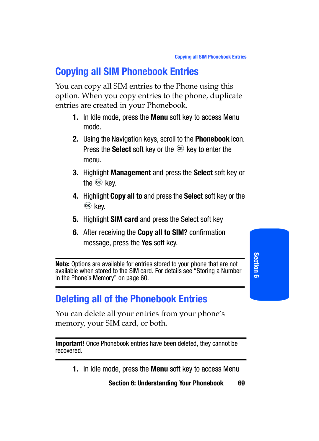 Samsung SGH-T519 manual Copying all SIM Phonebook Entries, Deleting all of the Phonebook Entries 