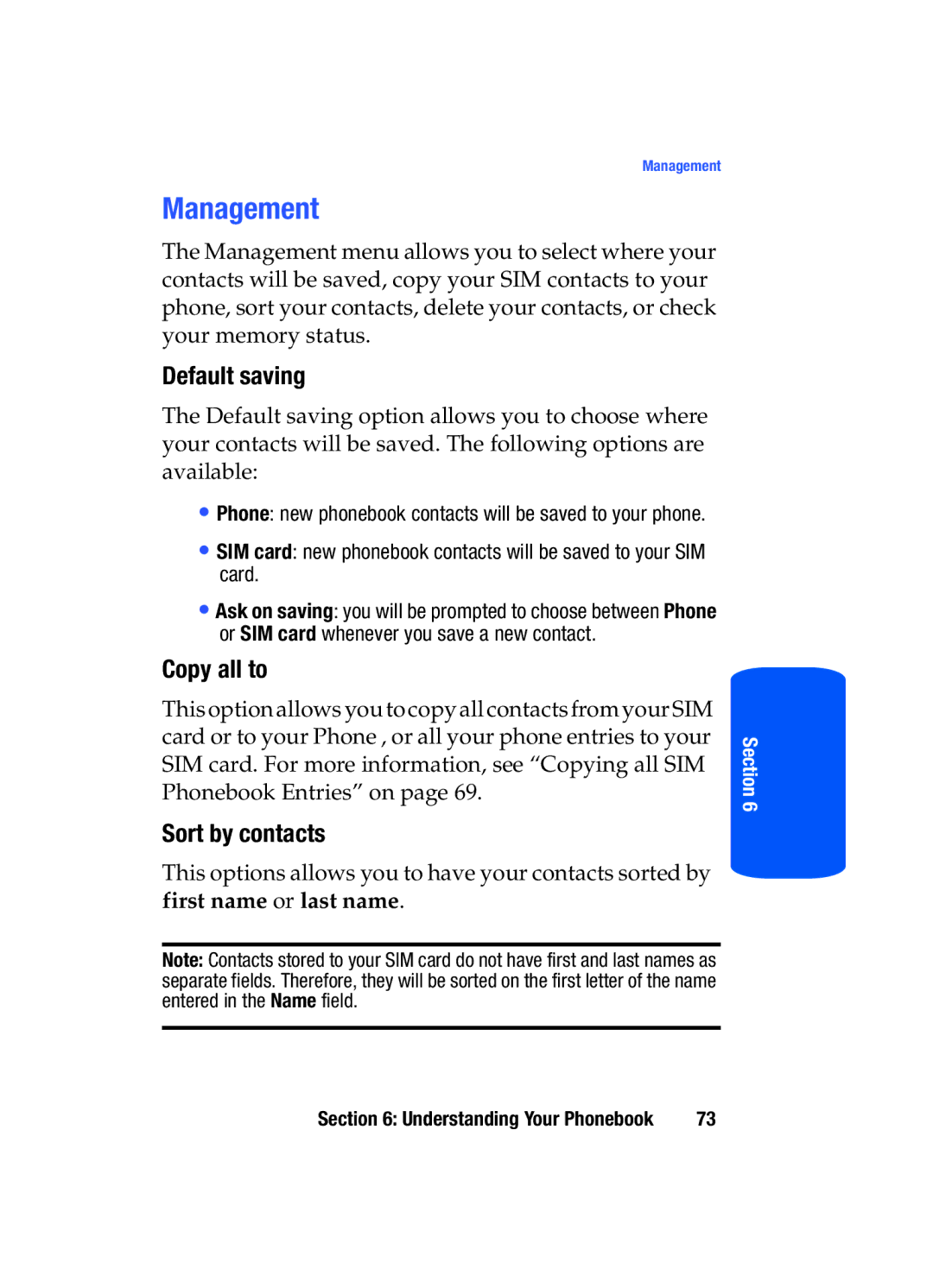 Samsung SGH-T519 manual Management, Default saving, Copy all to, Sort by contacts 