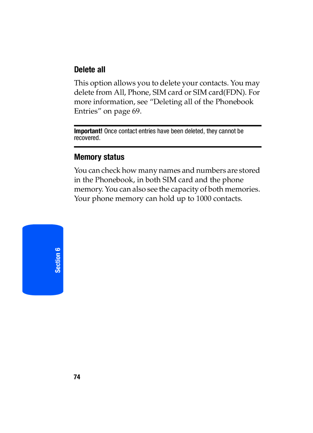 Samsung SGH-T519 manual Delete all, Memory status 